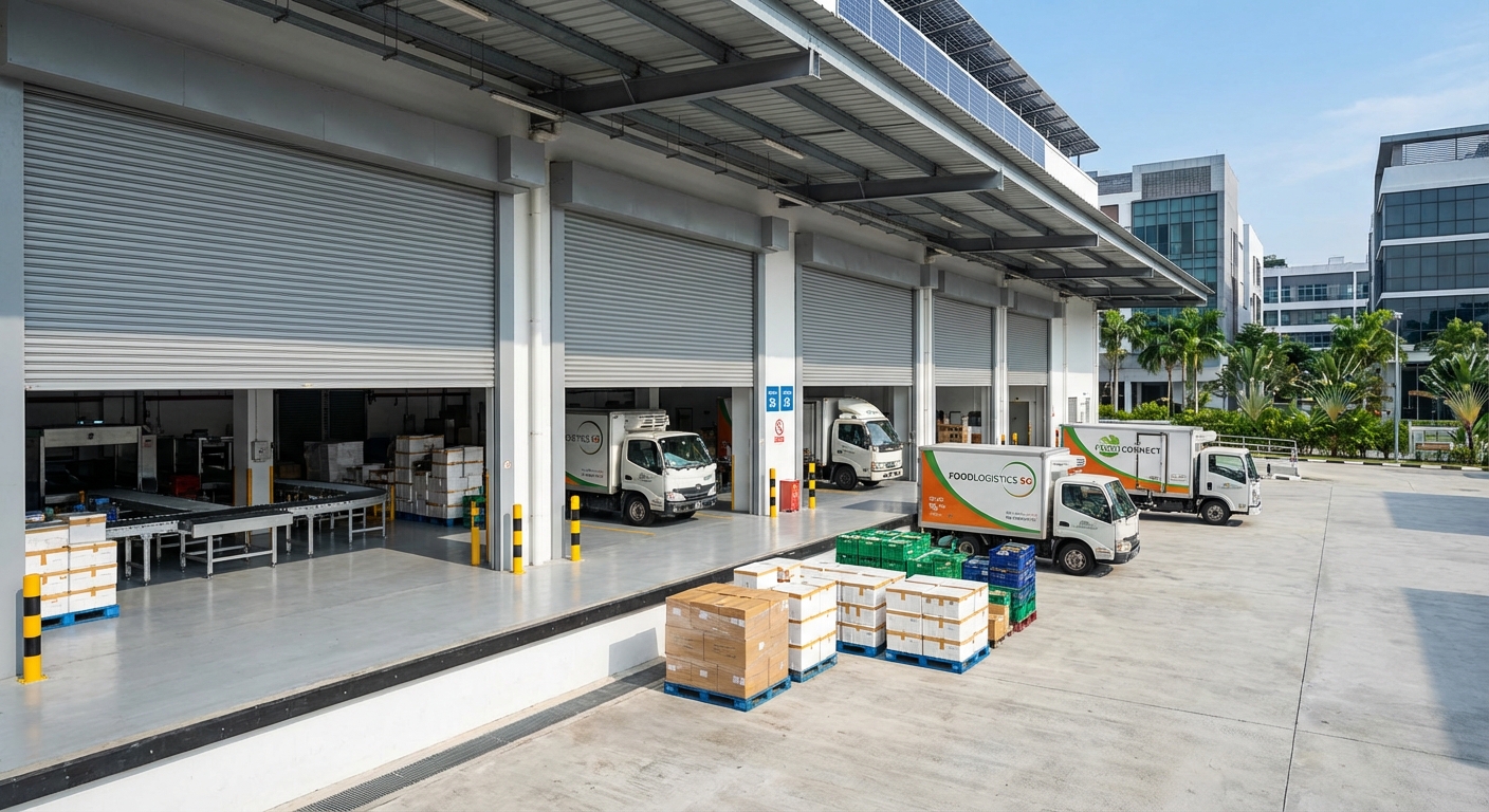 40-foot container truck driving up ramp access at Gourmet Xchange food factory